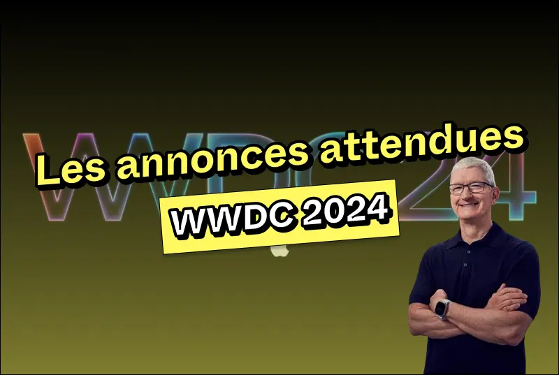 Promotional graphic for WWDC 2024 with male presenter.
