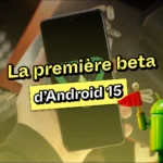 Android 15 beta announcement on smartphone screen.